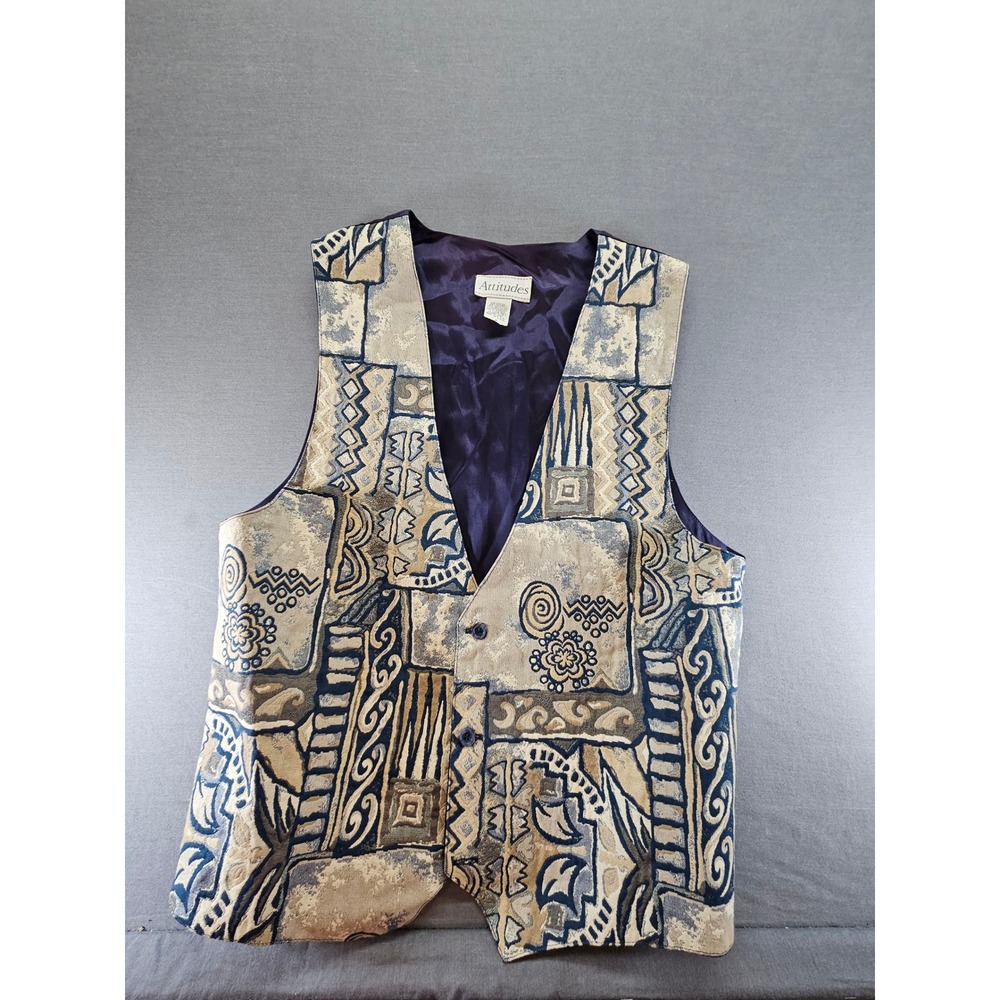 Attitudes Vintage 90s Tapestry Vest Blue Tan Geometric Tribal Print Mens Medium